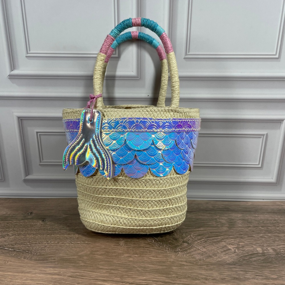 Kids Mermaid Sequin Straw Tote Bag Beach Pool Kids Small Purse With Tail Charm
